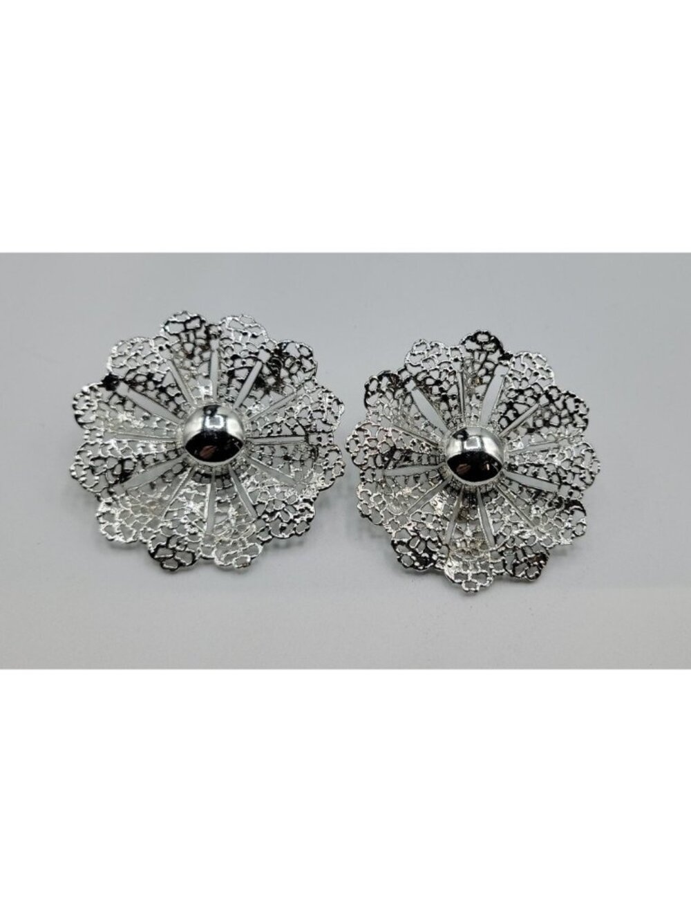 Vintage Sarah Coventry Statement Earrings Huge Flower Filigree Lace Clip On 1.5”